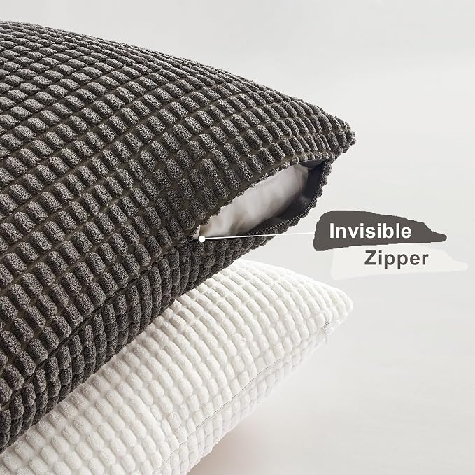 Topfinel Neutral Grey Throw Pillows Covers for Couch Living Room,Boho Corduroy Striped Grey Cushion Covers Holiday 4 Packs, Nordic Cushion Case-Vintage Fluffy Large Bedroom Shams 18x18 Inch Set of 4