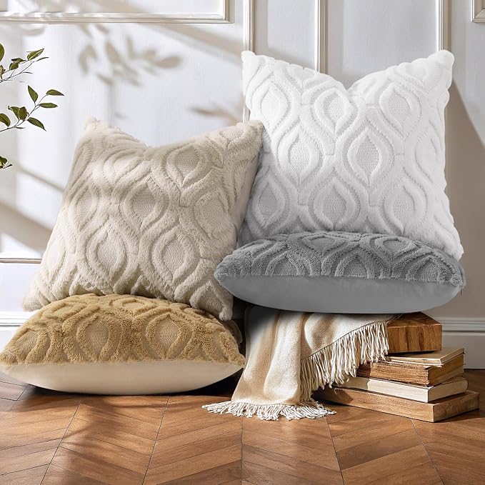 decorUhome Faux Fur Plush Soft Beige Throw Pillow Covers 20x20 Set of 2 | Wool Solid Fall Couch Pillow Covers, Accent Modern Farmhouse Neutral Decorative Square Pillow Cases for Sofa Bed Living Room