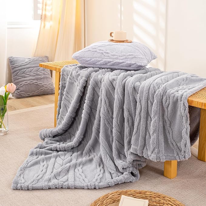 YUSOKI Sherpa Fleece Large Throw Blanket, Light Grey, 50"x65" | 3D Stylish Design,320GSM, Non-Shedding, Lightweight for All Season Use, stays fluffy after repeated washes, Perfect Gifts