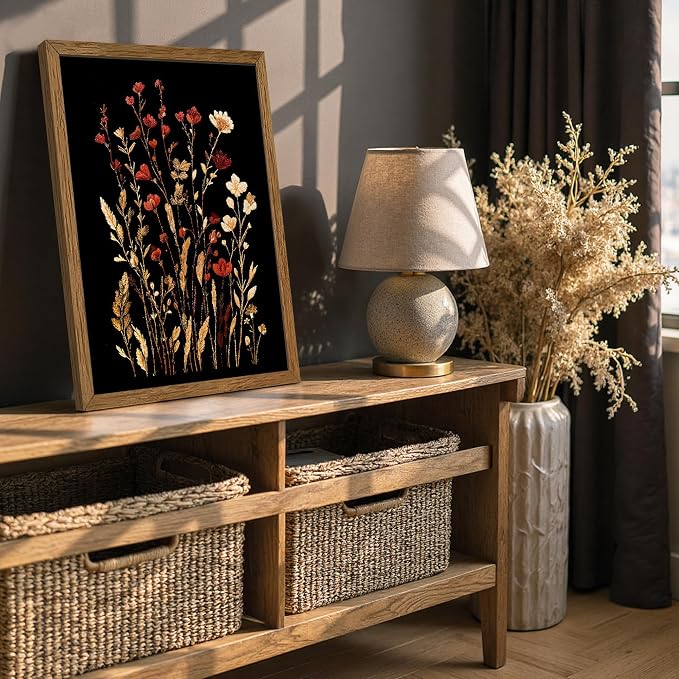 JLTULT Black Floral Wall Art, Vintage Wildflower Framed Canvas, 16 x 24 in | Black-background wildflower art on fade-resistant canvas with a ready-to-hang solid wood frame for bedrooms and bathrooms