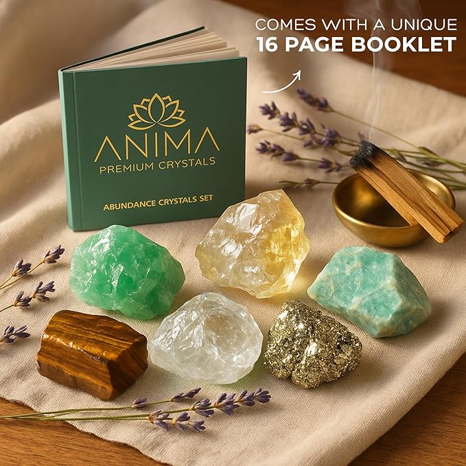 Anima Premium Abundance Healing Crystals Set for Success & Good Luck - Large Raw Citrine, Pyrite, Tigers Eye, Green Aventurine, Amazonite & Clear Quartz - Wooden Gift Box and Guide Booklet Included