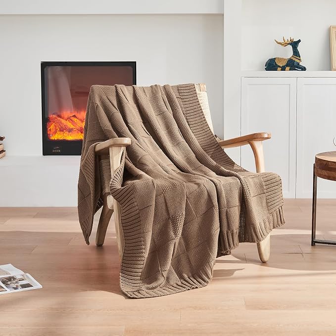 CozeCube Light Brown Knitted Checkered Throw Blanket 50"X60" | Check Knit Throw for Couch, Decorative Christmas Soft Cozy Warm Blanket for Bed Sofa Living Room