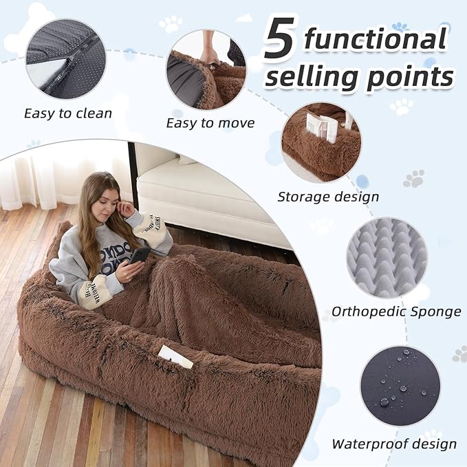 WROS Human Dog Bed, 71"x45"x12" Size Fits You and Pets, Washable Faux Fur Pet Bed for People Doze Off, Napping Orthopedic Dog Bed, Present Plump Pillow, Blanket, Strap - Coffee