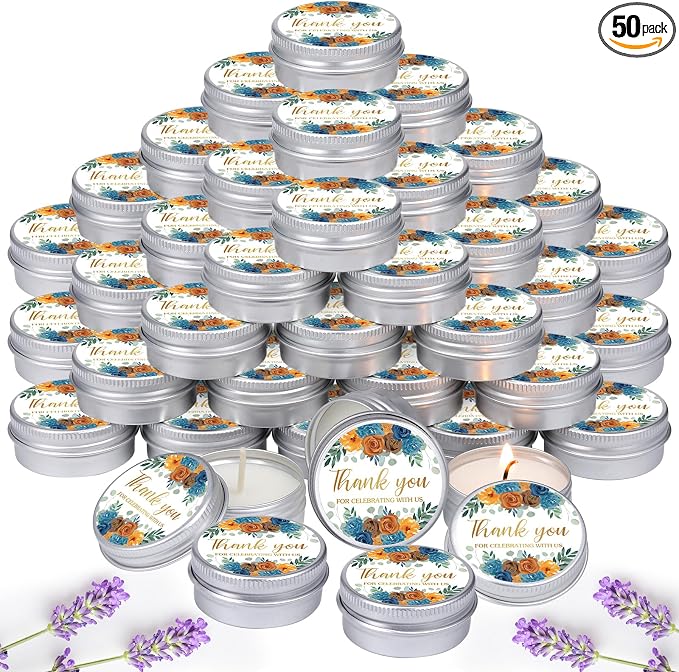 MTLEE 50 Pcs Vintage Floral Wedding Candles Bulk Gift Favors for Guests 1 oz Orange Rose Lavender Scented Soy Wax Aromatherapy Candle for Bridal Shower Rustic Wedding Party Guests