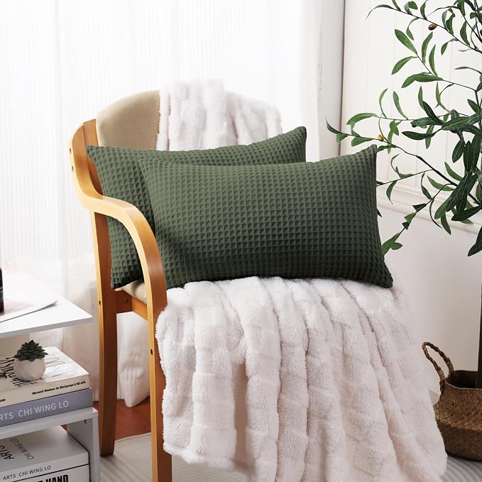 100% Egyptian Cotton 600 TC Waffle Weave Lumbar Pillow Covers 2 Pack | Ultra Soft Breathable Rectangle Throw Pillow Covers, Decorative Cushion Covers for Bed Couch Sofa Car, Olive Green, 12" x 20"