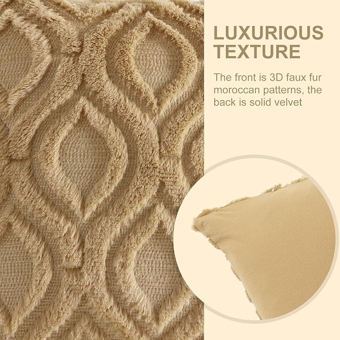 decorUhome Faux Fur Light Brown Khaki Throw Pillow Covers 26x26 Set of 2 | Plush Solid Fall Couch Pillow Covers, Accent Modern Farmhouse Neutral Decorative Soft Pillow Cases for Sofa Bed Living Room