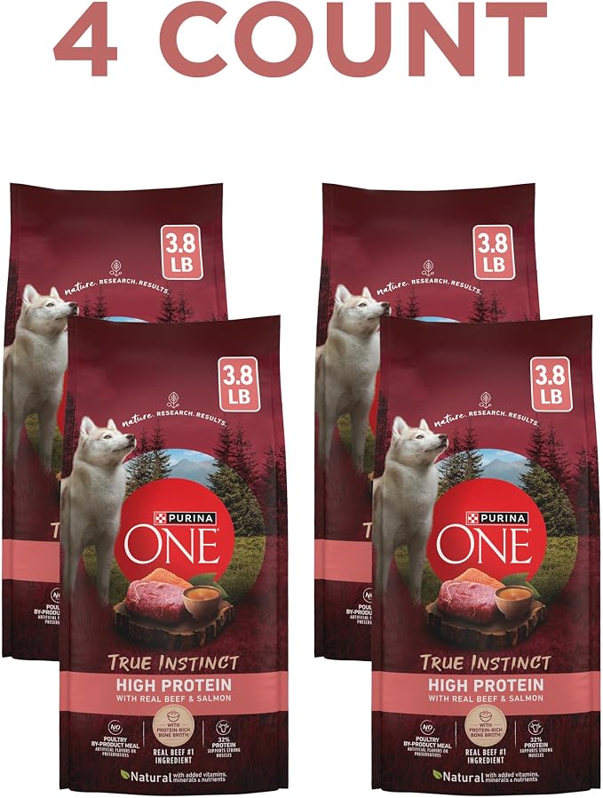 Purina ONE True Instinct High Protein Formula with Real Beef and Salmon Dry Dog Food - (4) 3.8 lb. Bags | Nutrient dense, with 32% protein for strong muscles, natural with added vitamins, minerals and nutrients