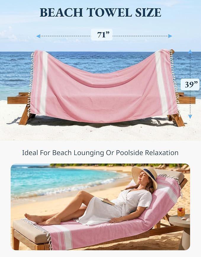 LANE LINEN Beach Towel 2 Pack - Beach Towels Oversized, Pre-Washed Large Beach Towels, Sandless Beach Towel, Quick Dry Travel Towel, Large Pool Towels, 39"x71" - Cashmere Rose