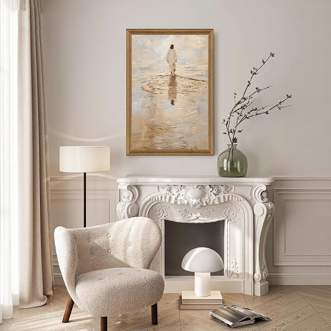 Fantasy Artists Christian Wall Art – Jesus Walking on Water Inspirational Painting, Warm Gold Faith Artwork for Home & Prayer Room, Religious Decor Symbolizing Hope, Trust & Divine Strength, 24W X 36H
