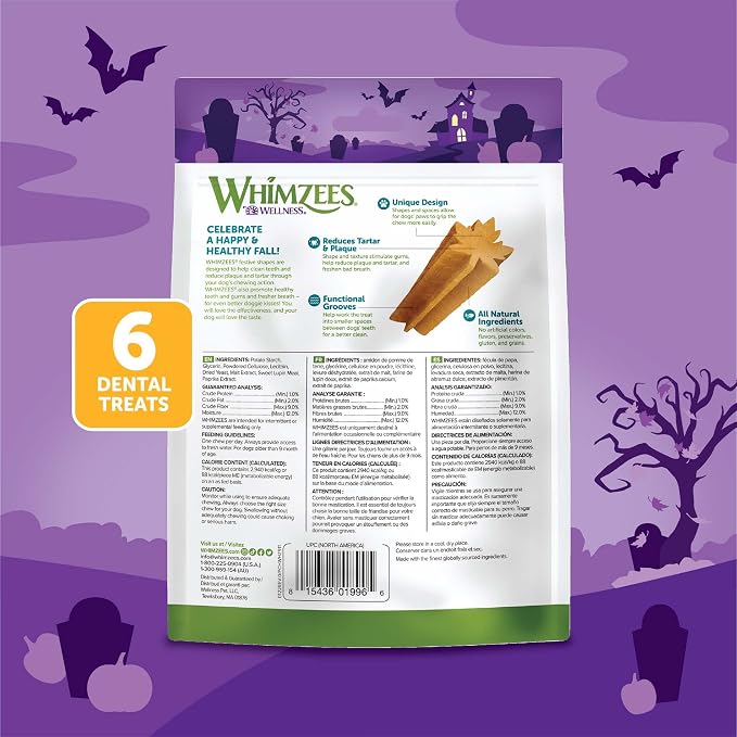 Wellness WHIMZEES Fall Natural Dog Dental Treat, Autumn Halloween Seasonal Gift, Chews, Freshens Breath, Medium Size, 6.3 oz Bag, 6 Count