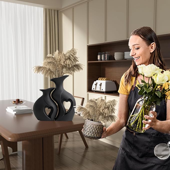 Black Ceramic Vase Set of 2, Heart Shape Home Decor Flower vase | Filled With Love, Modern Minimalist Bohemian, Matte Ceramic, For Dinner Table Bookshelf Console Decorative Vase