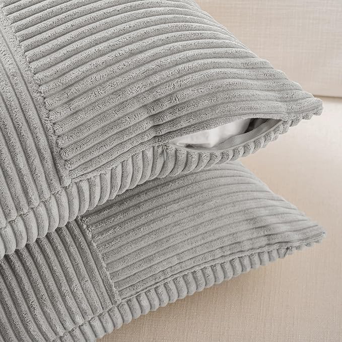 Fancy Homi Grey Lumbar Decorative Throw Pillow Covers 20x28 Inch for Living Room Couch Bed Sofa, Rustic Farmhouse Boho Home Decor, Soft Striped Corduroy Rectangle Accent Cushion Case 50x70 cm