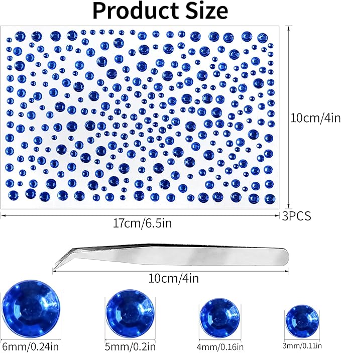 Rhinestone Stickers for Crafts Clear Crystal Tweezers Decals Face Gems Pearls for Makeup Stick on Body 3/4/5/6MM Dark Blue Hair Nails Craft DIY Gems for Nails Makeup Decor 975PCS