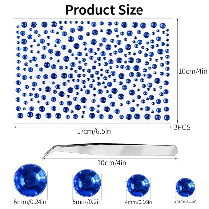 975Pcs Face Gems Hair Gems, Self-Adhesive Face Jewels Eye Jewels Rhinestones 3/4/5/6 mm DIY Face Gems Stick on, Hair Body Rhinestones Gems Crystals Pearls for Face Makeup, Crafts (gem_darkblue)