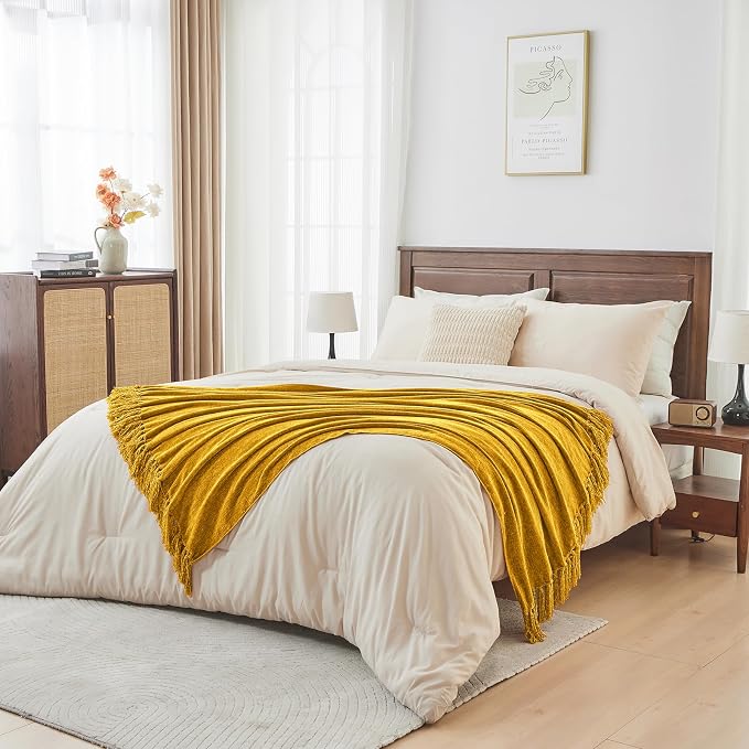 CozeCube Chenille Throw Blanket, Harvest Gold Fringe Blanket, 50"X60" | For Couch, Cozy Plush Fuzzy Decorative Blanket with Fringe Tassels, Lightweight Throws for Bed Sofa Gift Home Decor