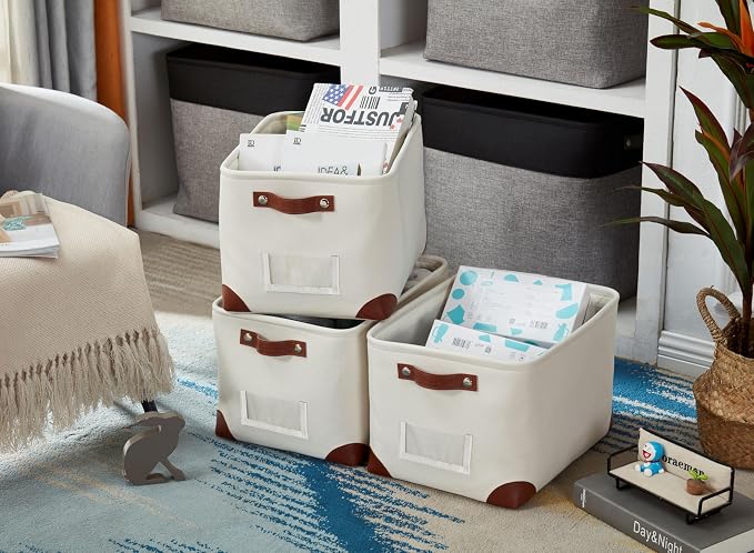 DECOMOMO Storage Bins, Large Fabric Storage Baskets for Shelves 3 Pack | 15 x 11 x 9.5 inches Decorative Linen Closet Organizers with Handles (Creamy White)