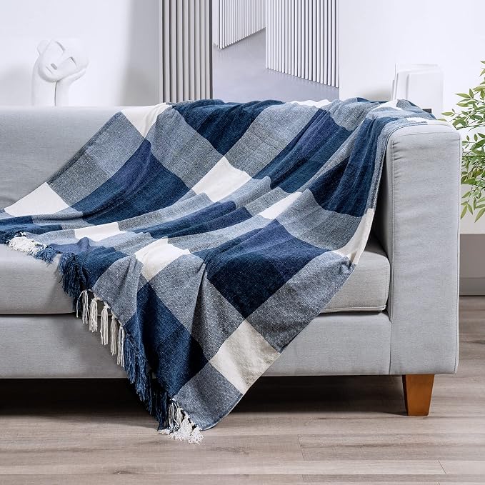 RECYCO Buffalo Plaid Chenille Throw Blanket, 50"x60", Navy Off White | Super Soft Knit Throw Blanket with Tassels, Lightweight, Cozy, Farmhouse Decor, Ideal for Couch Sofa Chair Bed Living Room