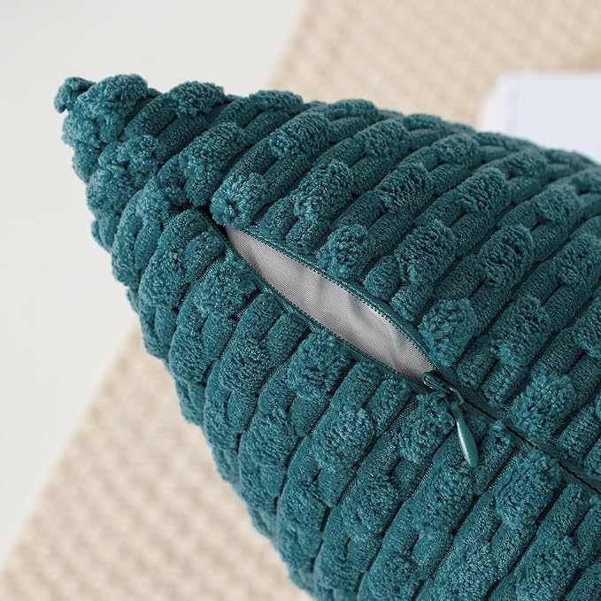 Kevin Textile Soft Corduroy 14"x24" Lumbar Pillow Cover 1 Pack, Teal Blue | Boho Stripe Plush Corduroy Decorative Oblong Cushion Cover Modern Farmhouse Home Decor for Sofa Couch Bed Chair