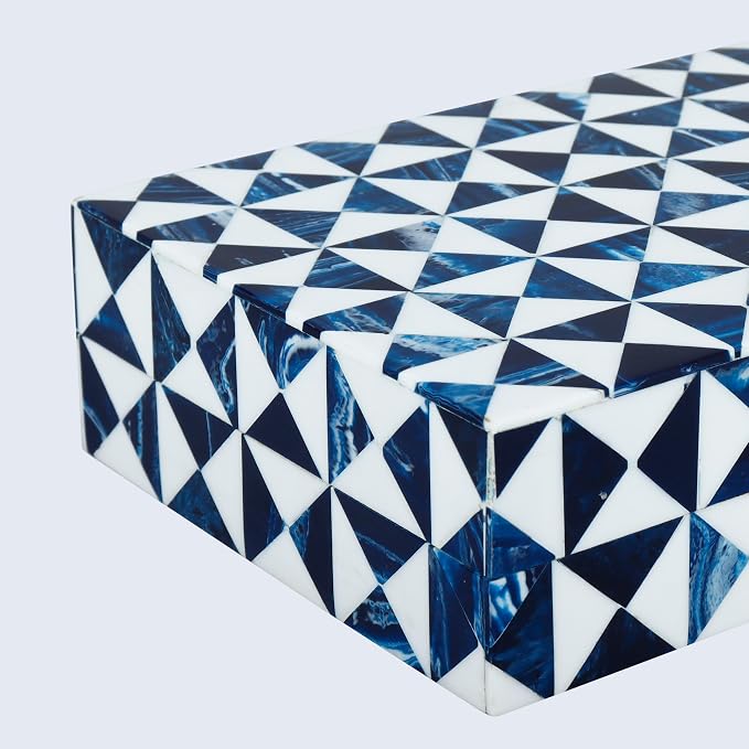 Handicrafts Home Blue and White Decorative Storage Box with Lid– Coffee Table Storage Box, Handmade Resin Inlay Wooden Box, Remote Control Holder, Decorative Organizer, Keepsake & Jewelry Box - 8x5x2