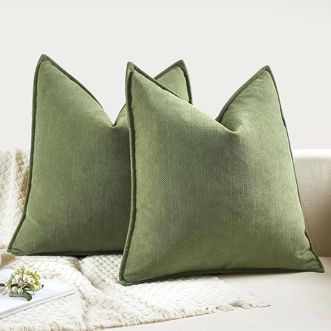 MIULEE Pack of 2 Sage Decorative Chenille Pillow Covers 18x18 Inch | Soft Couch Throw Pillows,Farmhouse Cushion Covers with Elegant Design for Sofa,Bedroom,Living Room,Spring Home Decor