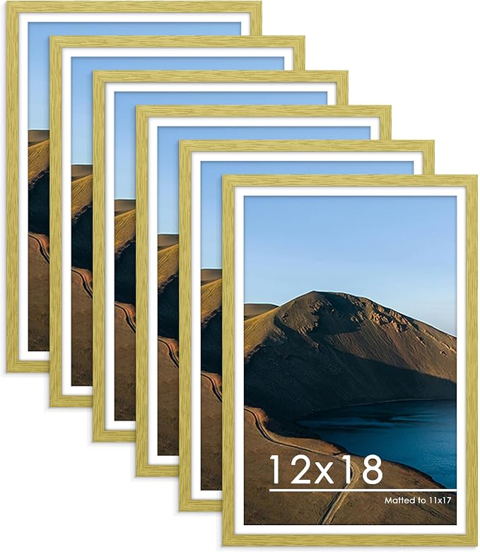 12x18 Picture Frame Set of 6, Wall Mount Display, Gold | Display Pictures 11x17 with Mat or 12x18 Without Mat, Horizontal or Vertical, Gallery Wall Frame Set, Wedding Birthday Gifts