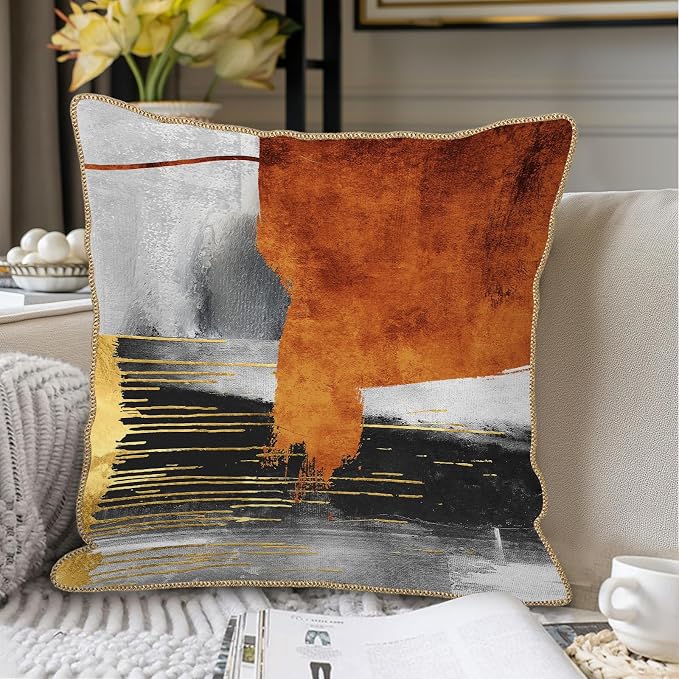 Burnt Orange Gold Grey Soft Velvet Throw Pillow Covers Set of 2 Taupe Gray Abstract Art Painting Decorative Pillow Covers 18x18 Inch Modern Retro Pillow Case For Sofa Couch Living Room Home Decor