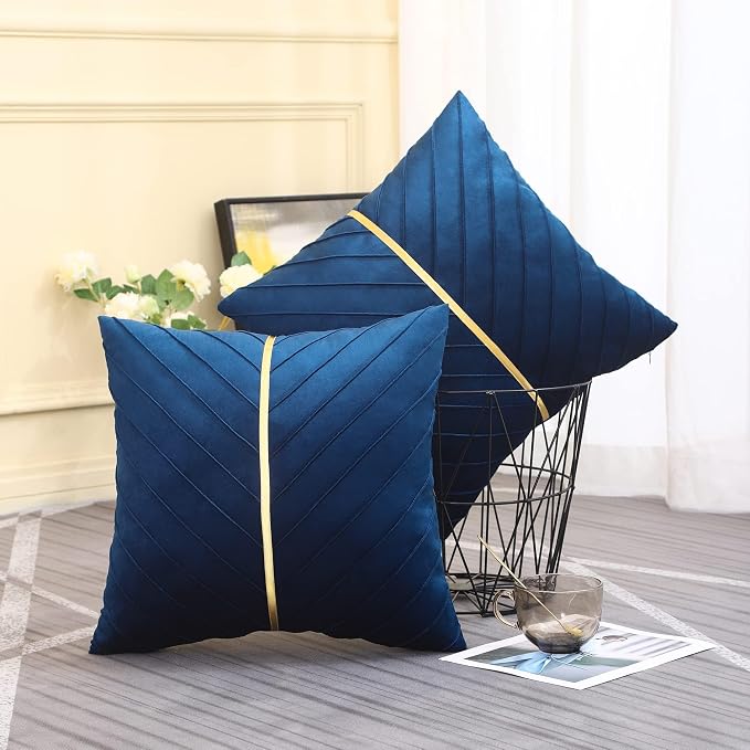 Velvet Throw Pillow Covers 20x20 Pack of 2 Gold Decor Navy Blue | Soft Solid Pillow Covers,Modern Luxury Home Decor,for Couch Chair Sofa Bedroom Livingroom,Hidden Zipper,Ideal Gift,Easy Care