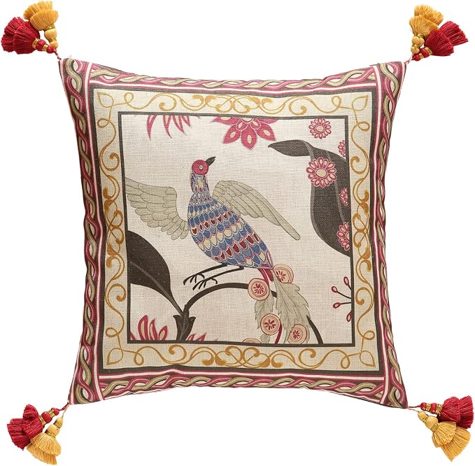 patdrea Designer Vintage Linen Throw Pillow Cover,18"x18"-Schumacher C | Elegant Decorative Pillow Case,Bird Pattern with Tassel Pendant,Cushion Coverfor Couch Living Room Bedroom Sofa
