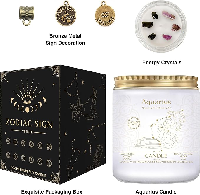 Zodiac Sign Jar Candle, Aquarius, Lavender Scent, Modern Style, Crystal Embellishment, Birthday Gift