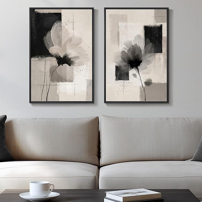 Framed Neutral Abstract Floral Wall Art for Bedroom, Set of 2 Black and Beige Minimalist Canvas Prints Paintings Artwork for Walls, Modern Elegant Pictures for Living Room Dining Room Wall Decor 16x24 In