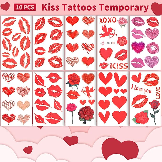YGDZ Kiss Tattoos Temporary Set, Red Lip Tattoo Stickers & Face Gems for Valentines Makeup, 10 Sheets Lipstick Kiss Temporary Tattoo, Heart Fake Tattoos, Hair Gems, Body, Face Rhinestones for Women