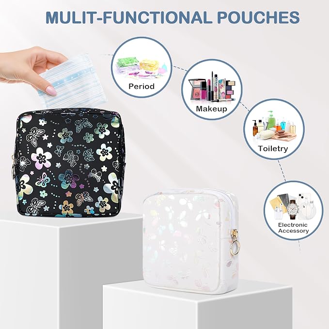 Likesing Period Bag Pouch, Leather Sanitary Napkin Storage Bag for Girls Womens, Portable Sanitary Napkin Period Pad Pouch Bag for Purse, Small Make Up Bags(Flower Butterflies)