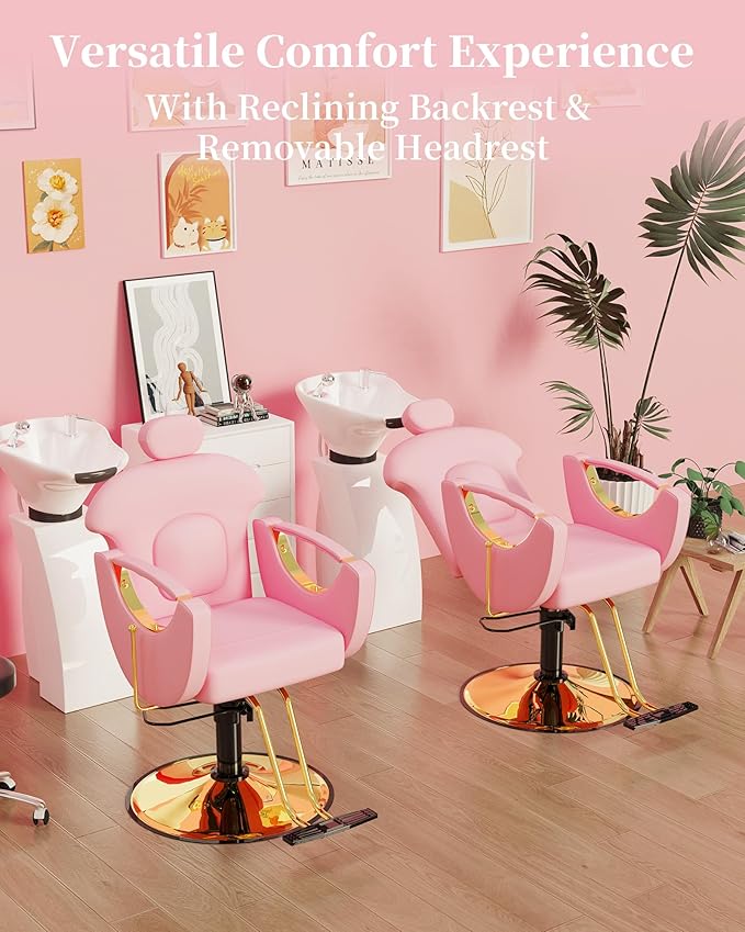 Baasha Ergonomic Reclining Salon Chair with Adjustable & Removable Headrest, Gold & Pink Hydraulic Styling Chair, Soft PU Leather, 135° Recline, 360° Swivel, Heavy-Duty Steel Frame, 330 lbs Capacity