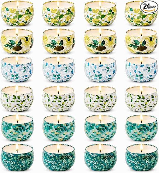 24 Pack Mini Scented Candles for Party Favors, 2.5 oz Soy Wax Tin Candle Gift Set, 6 Fresh Botanical Scents x 4 Each, Small Gifts for Bridal Shower, Baby Shower, Wedding Favors, Teachers
