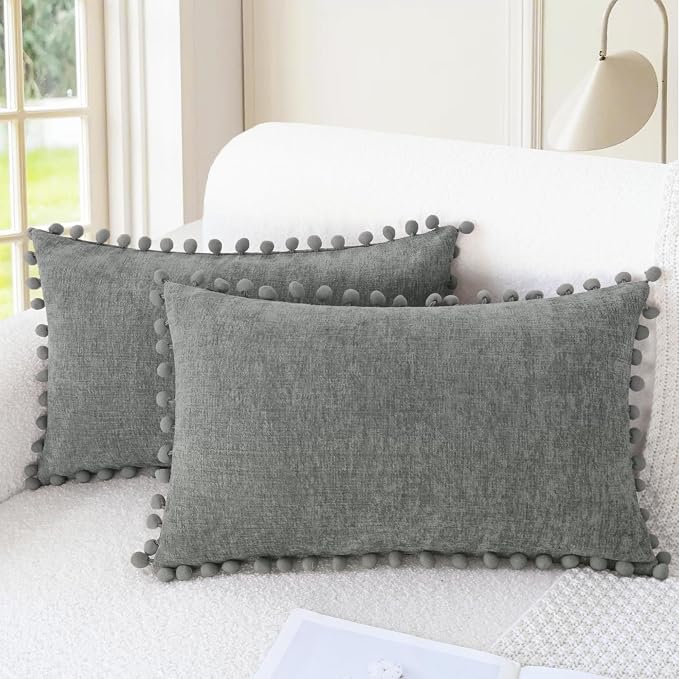 CaliTime Decorative Couch Throw Pillow Covers 20 X 12 Inches Medium Grey | Pack of 2, Cozy Chenille Cushion Cases, with Pom Poms for Sofa Bed Living Room Farmhouse Home