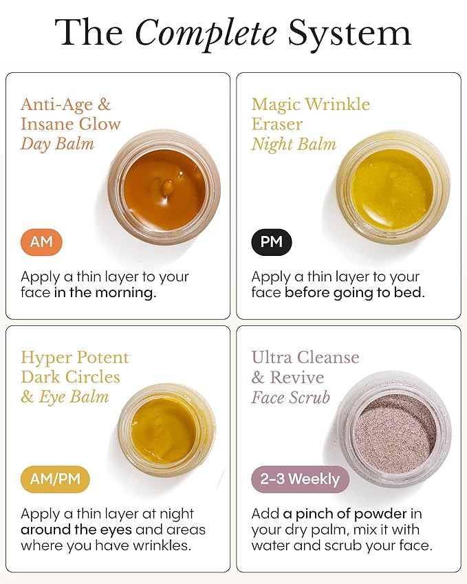 Frøya Organics The Complete System for Mature Women’s Skin | 4-Piece Set with Face Scrub, Day and Night Balm & Eye Balm | With Rosehip, Calendula & Sea Buckthorn | 60 Day Supply