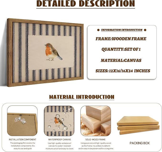 Framed Robin Bird Wall Art, Striped Nature Watercolor Canvas Print, Country Farmhouse Wall Decor, Vintage Cottagecore Animal Picture Artwork for Living Room Bedroom Bathroom 12x16 inch