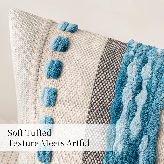ANRODUO Boho Decorative Pillow Covers 20x20 Sky Blue Stripe 3 Pack of 2 | Throw Pillow Covers, Farmhouse Cushion Case, Chenille Pillow Cases, Pillow Covers, Accent Neutral Pillowcase for Sofa Couch