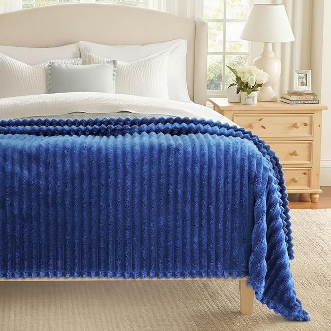 decorUhome Navy Blue Fleece Throw Blanket 50x60 Inches | Soft Couch Cozy Fluffy Plush Flannel Striped Blanket for Sofa Bed, Lightweight Decorative Ribbed Fuzzy Blanket for Woman