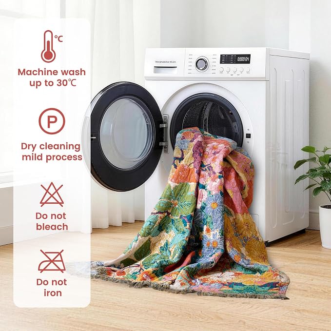 MSGKV Boho Throw Blanket 60"x80" Cotton Floral Blanket for Couch & Sofa | 60"x80" Cotton Floral Throw, Muslin Blanket, Summer Breathable, Farmhouse Decor, All Season Comfort, Machine Washable