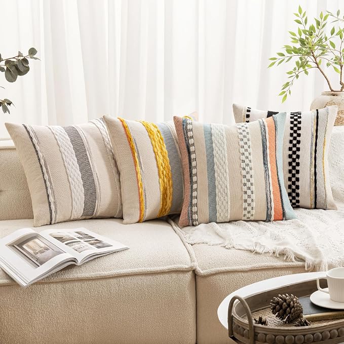 ANRODUO Boho Decorative Pillow Covers 18x18 Orange-Blue Stripe Pack of 2 | Throw Pillow Covers, Farmhouse Cushion Case, Chenille Pillow Cases, Pillow Covers, Accent Neutral Pillowcase for Sofa Couch
