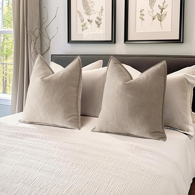 MIULEE Pack of 2 Beige Decorative Chenille Pillow Covers 20x20 Inch | Soft Couch Throw Pillows,Farmhouse Cushion Covers with Elegant Design for Sofa,Bedroom,Living Room,Spring Home Decor