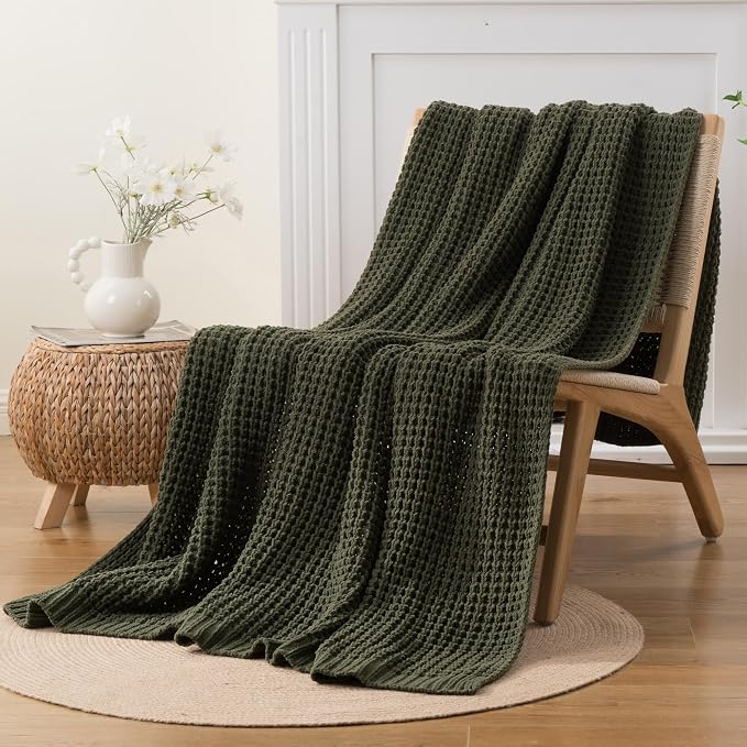 Olive Green Throw Blanket for Couch, Waffle Knit Blanket Throw 50"x60" | Chunky Chenille Throw Blanket, Soft Dark Green Throw Blanket for Home Decor, Sofa, Men, Modern Farmhouse Knitted Style