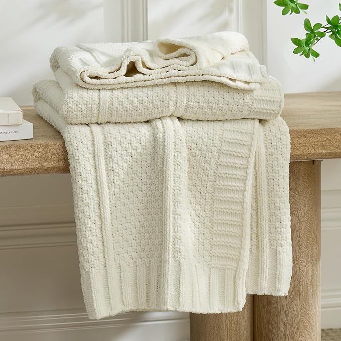 Chenille Throw Blanket for Couch, Soft Cozy Chunky Knit Blanket, Moss Stitch Throw for Sofa, Bed, Living Room, Lightweight Warm Home Decor, Cream White 60"x80"