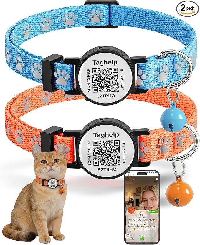 Smart Safety Cat Collar 2-Pack: Luminous Night Glow & QR Code Pet ID Tag, Breakaway Reflective Adjustable Collar (7-12.5”) for Indoor/Outdoor Cats(Blue & orenge)