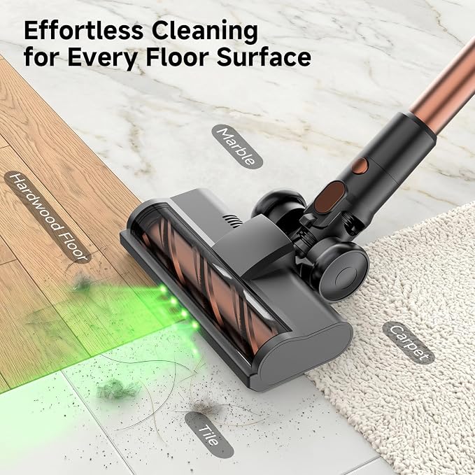 Cordless Stick Vacuum Cleaner - Rechargeable,45Kpa Powerful Suction Vacuum for Home,45Mins Runtime,Detachable Battery,Anti-Tangle, 8 in 1 Lightweight Vacuum for Pet Hair Carpet Hardwood, Gold