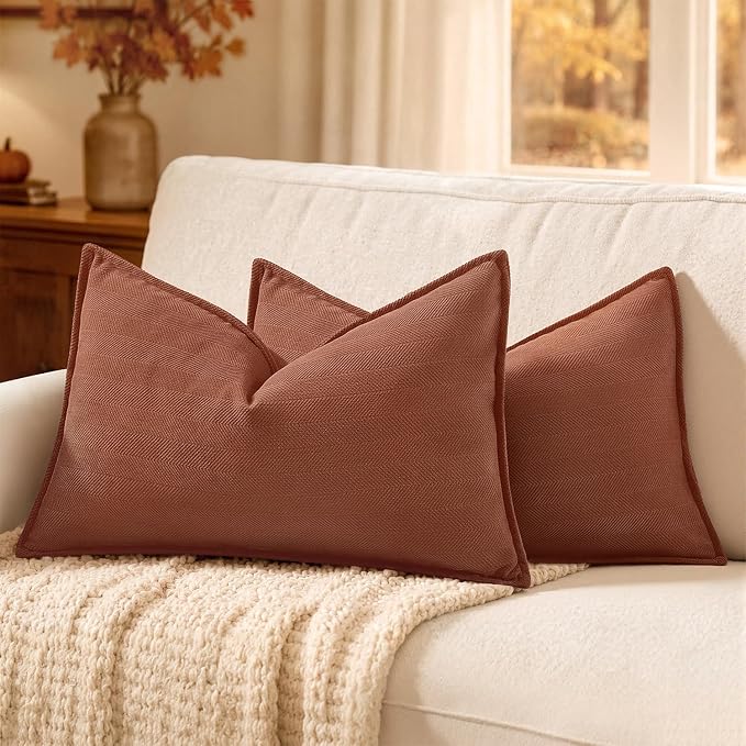 MIULEE Pack of 2 Fall Burnt Orange Lumbar Chenille Pillow Covers 12x20 | Soft Couch Throw Pillows,Farmhouse Cushion Covers with Elegant Design for Sofa,Bedroom,Living Room,Spring Home Decor