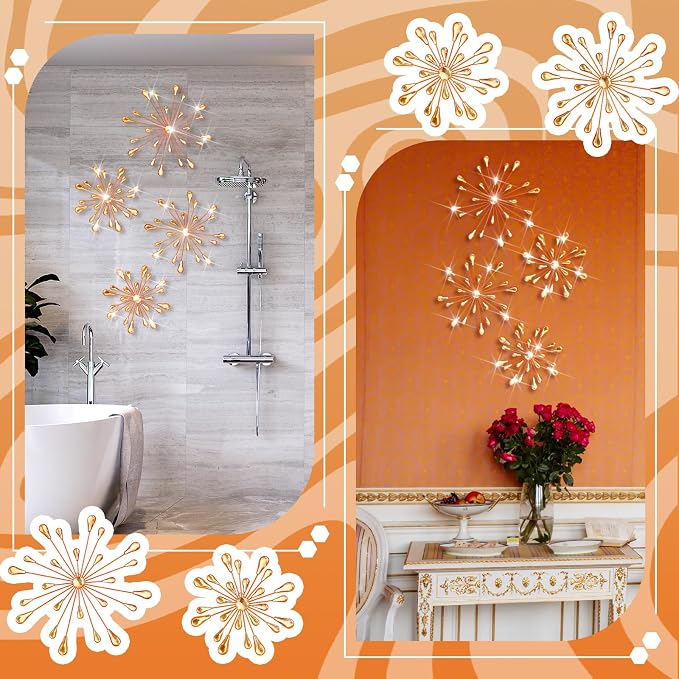 Hicarer 4 Pcs Starburst Wall Decor Bling Wall Art Crystal Teardrop 3D Hanging Rhinestone Radial Metal Artwork Modern Accent Sculptures Decorations for Living Room Home Office Bedroom(Orange)