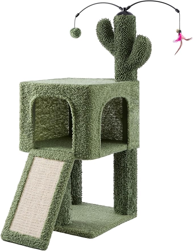 32" Cactus Cat Tree for Indoor Cats, 2-in-1 Cat House with Sisal Scratching Post & Ramp, 2-Level Cat Tower with Rotatable Feather & Ball Toys, Stable Cat Condo for Small/Medium Cats, Green