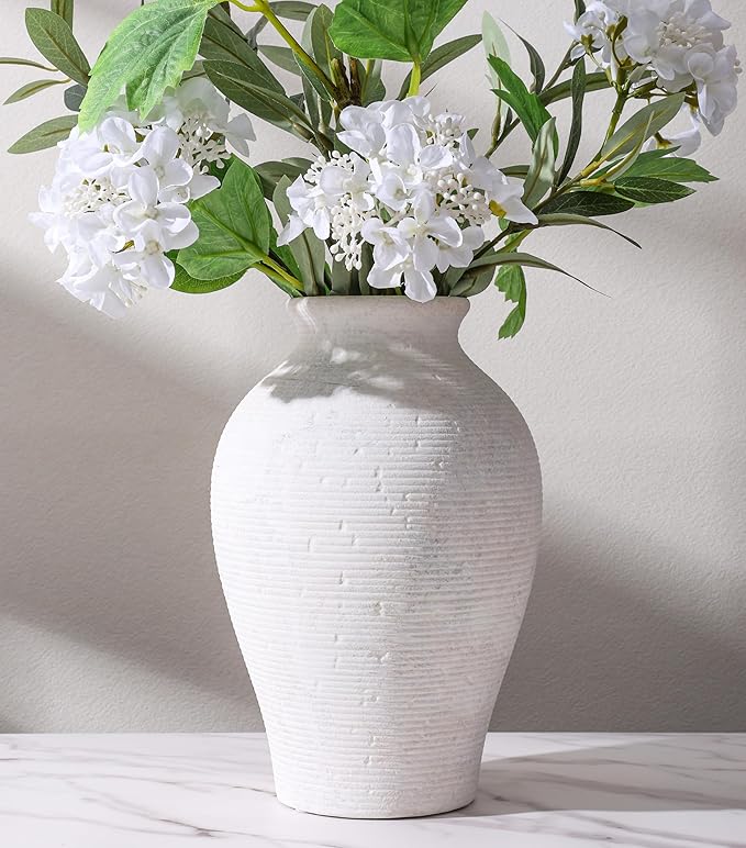 Ceramic Flower Vase Home Decor, 9 in Farmhouse Table Vase Rustic Vintage Living Room Kitchen Bedroom Pottery Decorative Vases for Flowers House Shelf Office Coffee Desk Dining Entryway Decor, White